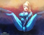  blonde_hair blue_eyes bodysuit breasts covered_nipples covering covering_crotch dkstudios05 large_breasts lips metroid ponytail samus_aran skin_tight solo zero_suit 