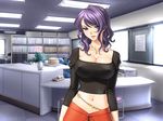  artist_request blue_eyes blush breasts cleavage jewelry large_breasts lipstick makeup navel office purple_hair short_hair skirt source_request 