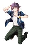  alternate_costume alternate_hairstyle black_eyes black_hair boots bracelet contemporary full_body hair_up jewelry kneeling male_focus mikou_(monpamanpe) pants plaid plaid_pants school_uniform shirt smile solo tales_of_(series) tales_of_vesperia yuri_lowell 