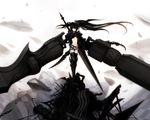  armor black_hair black_rock_shooter boots chain gun insane_black_rock_shooter jpeg_artifacts kuroi_mato long_hair purple_eyes sword twintails weapon 