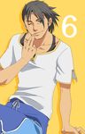  black_hair celestial_s countdown facial_hair green_eyes male_focus number one_eye_closed raven_(tales) shirt shorts sitting solo stubble tales_of_(series) tales_of_vesperia yellow_background 