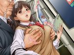  blush breast_grab breasts brown_hair chikan grabbing highres large_breasts molestation redlight school_uniform translation_request ugly_man 