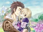  1girl :o alvin_(tales) bad_id bad_pixiv_id blonde_hair bow brown_hair bug butterfly closed_eyes coat couple dress elize_lutus flower hetero highres hug insect long_hair one_eye_closed open_mouth ribbon smile tales_of_(series) tales_of_xillia tatsune_(sa9rama9ra) wince yellow_eyes 