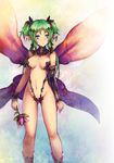  :o areola_slip areolae asymmetrical_clothes blue_eyes blush body_blush boots bougainvillea_(flower) breasts detached_collar detached_sleeves fairy flower green_hair groin hair_ornament kara_(color) long_hair medium_breasts navel open_mouth original pointy_ears solo standing two_side_up wings wrist_cuffs 