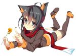  ahoge animal_ears bad_id bad_pixiv_id black_hair blue_eyes bug cat_ears flower insect kiki_(koba) koba ladybug lying on_stomach original red_scarf scarf short_hair solo thighhighs 