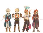  ^_^ ahoge asch belt blonde_hair blowing boots breathing_fire choker closed_eyes coat creature crossed_arms fire full_body ginji_(tales) green_choker guy_cecil knee_boots long_hair luke_fon_fabre male_focus midriff mieu multiple_boys on_head pants red_hair red_string shoes sidelocks smile string surcoat tales_of_(series) tales_of_the_abyss tokino_(colorseason) white_background white_hair 