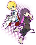  armor blonde_hair blue_eyes boots checkered checkered_background coat flynn_scifo food full_body gloves greaves ice_cream knee_boots long_hair looking_back male_focus mikou_(monpamanpe) multicolored_hair multiple_boys pants panty_&amp;_stocking_with_garterbelt parody pink_hair purple_eyes purple_hair smile standing standing_on_one_leg style_parody sword tales_of_(series) tales_of_vesperia two-tone_hair weapon yuri_lowell 