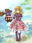  1girl alvin_(tales) black_gloves boots bow brown_hair creature cropped_jacket dress elize_lutus frills full_body gloves green_eyes hand_on_another's_head ichitaro_(ybj/web) purple_footwear ribbon short_hair tales_of_(series) tales_of_xillia teepo_(tales) 