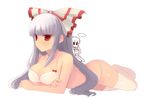  1girl ass bangs bare_shoulders blunt_bangs bow bra breasts chibi chibi_inset cleavage crossed_arms fujiwara_no_mokou hair_bow houraisan_kaguya large_breasts lingerie long_hair lying on_stomach panties red_eyes shin_(new) silver_hair simple_background solo thighhighs touhou underwear underwear_only white_legwear 
