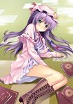  aqua_eyes bad_id bad_pixiv_id blue_eyes blush book boots bow crescent cross-laced_footwear dress hair_bow hat highres lace-up_boots legs long_hair lying on_side patchouli_knowledge purple_hair rasahan ribbon solo touhou 
