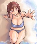  beach bikini blush breasts brown_eyes brown_hair cleavage collarbone hair_ornament hairclip large_breasts navel older outstretched_hand rozen_maiden short_hair smile solo souseiseki sweatdrop swimsuit thigh_gap thighs tsuda_nanafushi water 