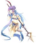  blue_footwear blue_hair boots breasts brown_eyes chin_rest elf fruit_punch full_body hair_bun judith knee_boots kneeling long_hair pointy_ears polearm small_breasts smile solo spear tales_of_(series) tales_of_vesperia twintails weapon 