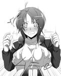  antenna_hair bad_id bad_pixiv_id blush breast_grab breasts deep_skin embarrassed grabbing greyscale jewelry kyoukaisenjou_no_horizon large_breasts looking_at_viewer monochrome necklace open_mouth oriotorai_makiko risutan solo_focus surprised surprised_arms tears 