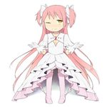  bad_id bad_pixiv_id boots bow dress gloves hair_bow kaname_madoka long_hair mahou_shoujo_madoka_magica one_eye_closed pink_footwear pink_hair smile solo standing thigh_boots thighhighs tsuzuya_(knt31) two_side_up ultimate_madoka white_gloves yellow_eyes 