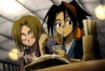  1girl asakura_you black_eyes blonde_hair brown_hair chopsticks closed_eyes eating food headphones japanese_clothes kimono kyouyama_anna shaman_king togetsuhou 