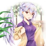  1girl absurdres akiteru98 bangs blush braid breasts breath collarbone commentary_request dress eyebrows_visible_through_hair feathered_wings french_braid hair_between_eyes highres jacket kishin_sagume long_sleeves looking_at_viewer medium_breasts off_shoulder open_clothes open_jacket open_mouth plant purple_dress red_eyes short_hair silver_hair single_wing solo sweat touhou upper_body white_wings wing_collar wings yellow_jacket 