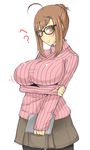  black_legwear breasts brown_hair brown_skirt glasses komusou_(jinrikisha) large_breasts miniskirt ooba_minori original pantyhose pleated_skirt shirt skirt solo sweater taut_clothes taut_shirt 