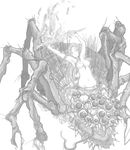  breasts bug chaos_witch_quelaag dark_souls greyscale insect_girl long_hair medium_breasts monochrome monster_girl nipples nude souls_(from_software) spider spider_girl sword wantsupanchi!! weapon 