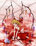  blonde_hair bow chain dress fang flandre_scarlet hat highres kneeling open_mouth pointy_ears red_eyes ribbon shinebell short_hair side_ponytail skull smile solo touhou wings 