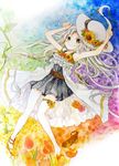  armpits arms_up barefoot braid colored_pencil_(medium) colorful dress flower frills gathers green_eyes green_hair hat lying on_back original shoes single_shoe smile solo sun_hat sunflower tachitsu_teto traditional_media tulip twin_braids watercolor_(medium) 