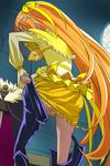  boots bow bubble_skirt cape capelet cure_muse_(black) cure_muse_(yellow) dual_persona frills haruyama_kazunori indoors long_hair magical_girl orange_hair precure ribbon shirabe_ako skirt spoilers suite_precure undressing very_long_hair yellow_bow yellow_ribbon yellow_skirt 