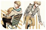  bad_id bad_pixiv_id blonde_hair blue_eyes chair dog ivan_karelin jacket john_(tiger_&amp;_bunny) keith_goodman male_focus multiple_boys one_eye_closed paper_airplane tiger_&amp;_bunny yasuhiro 