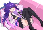  :&lt; alternate_costume black_legwear blue_hair blush bow bracelet breasts cat convenient_leg couch detached_sleeves frilled_pillow frills frown garters green_eyes hair_bow honekoneko_(psg) jewelry long_hair looking_at_viewer lying mary_janes medium_breasts multicolored_hair on_back panty_&amp;_stocking_with_garterbelt pillow pink_hair purple_hair shoes solo stocking_(psg) stuffed_animal stuffed_cat stuffed_toy thighhighs two-tone_hair yamaishi_(mukoubuti) 