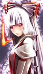  bad_id bad_pixiv_id breathing_fire colored_eyelashes fire flame fujiwara_no_mokou hair_ribbon lips long_hair red_eyes ribbon solo touhou white_hair yukibina 