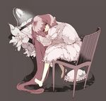  bad_id bad_pixiv_id barefoot chair frills full_body hat hat_removed headwear_removed knife lamp long_hair makino_(pixiv) patchouli_knowledge sepia simple_background sitting solo table touhou 