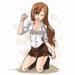  breasts brown_eyes brown_hair cleavage kneeling long_hair looking_at_viewer open_mouth school_uniform seitokai_yakuindomo shichijou_aria shirt skirt smile solo undressing white_shirt wink 