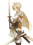  armor blonde_hair blush boots cape dragon_maker dual_wielding gloves highres holding looking_at_viewer matsui_hiroaki scabbard sheath short_hair simple_background smile solo sword thigh_boots thighhighs weapon yellow_eyes 