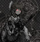  bad_id bad_pixiv_id bow detached_sleeves glowing glowing_eyes guitar hair_bow hair_tubes hakurei_reimu instrument magic_circle monochrome ogipote pointy_ears red_eyes solo spot_color touhou translated 