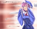  arms_up blue_dress closed_eyes dress fate/stay_night fate_(series) fork gate_of_babylon haruichi hat holding holding_fork knife pink_hair saigyouji_yuyuko sash short_hair smile solo spoon touhou 