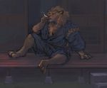  claws feline house japanese_clothing kimono lion male mammal racoonwolf sitting smoke smoking solo spread_legs spreading stairs 