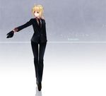  ahoge artoria_pendragon_(all) bad_id bad_pixiv_id black_gloves blonde_hair fate/zero fate_(series) formal gloves green_eyes highres long_hair mizuyu necktie pant_suit ponytail saber solo suit 