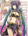  blue_hair breasts character_name elf fruit_punch gloves hair_bun judith long_hair medium_breasts midriff navel pointy_ears red_eyes smile solo tales_of_(series) tales_of_vesperia twintails zoom_layer 