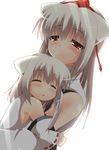  animal_ears armpits blush carrying child child_carry detached_sleeves hat hug inubashiri_momiji long_hair mother_and_daughter motherly multiple_girls open_mouth red_eyes shirt short_hair silver_hair sleeping smile takeyuu touhou wolf_ears 