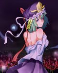  back backless_outfit bare_back bare_shoulders blue_eyes breasts flower ginko_(nico) green_hair hat looking_at_viewer medium_breasts off_shoulder ribbon shiki_eiki shirt short_hair sideboob solo spider_lily touhou undressing white_shirt 