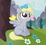  absurd_res blonde_hair butterfly cloud clouds cub derpy_hooves_(mlp) equine female feral flower friendship_is_magic grass hair hi_res horse imadori1 insect mammal mountain my_little_pony pegasus pony sitting solo tail tree wings wood yellow_eyes young 