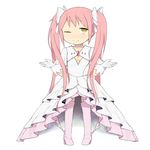  alternate_hairstyle bad_id bad_pixiv_id boots bow dress gloves hair_bow kaname_madoka long_hair mahou_shoujo_madoka_magica one_eye_closed pink_footwear pink_hair smile solo standing thigh_boots thighhighs tsuzuya_(knt31) twintails ultimate_madoka white_gloves yellow_eyes 