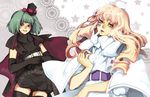  2girls blue_eyes bunny cape cover doily elbow_gloves facial_mark gloves green_hair hair_ornament hat heart lips long_hair macross macross_frontier macross_frontier:_itsuwari_no_utahime mini_top_hat multiple_girls na_young_lee on_head pink_hair ranka_lee red_eyes sheryl_nome short_hair skin_heart star tattoo thighhighs top_hat zettai_ryouiki 