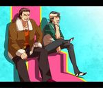  anth antonio_lopez brown_eyes brown_hair cabbie_hat chest_hair crossed_legs dark_skin dark_skinned_male facial_hair hat highres jacket kaburagi_t_kotetsu letterboxed male_focus multiple_boys necktie sitting stubble tiger_&amp;_bunny v-neck vest waistcoat 