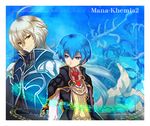  atelier_(series) blue_eyes blue_hair border brown_eyes coat copyright_name kirita_(noraring) long_hair male_focus mana_khemia_(series) mana_khemia_2 multiple_boys necktie rewrich_wallach rozeluxe_meitzen white_border white_hair 