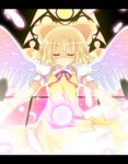  alternate_color alternate_element alternate_wings angel_wings bad_id bad_pixiv_id blonde_hair bow cirno closed_eyes dress feathers fujisaki_kaon glowing hair_bow letterboxed light_smile neck_ribbon ribbon short_hair smile solo touhou wings 