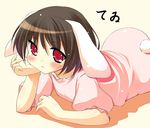  :3 amakara_surume animal_ears arm_support bad_id bad_pixiv_id blush brown_hair bunny_ears bunny_tail character_name chin_rest inaba_tewi lying on_stomach red_eyes solo tail touhou 