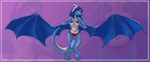  blowup_background blue_hair breasts cinnamonhunter clothed clothing digitigrade dragon female hair holding_breasts pinup pose purple_eyes skimpy solo topless wings 