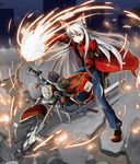  absurdres bow coat denim fingerless_gloves fire fujiwara_no_mokou gloves ground_vehicle hair_bow highres jeans long_hair motor_vehicle motorcycle overcoat pants red_eyes riding shinebell silver_hair smile smirk solo touhou very_long_hair 