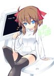  bad_id bad_pixiv_id blue_eyes brown_hair electric_plug hirokawa_takemi power_pro_kun_pocket power_pro_kun_pocket_9 smile solo thighhighs wazuka 