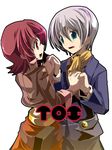  1girl coat copyright_name flipped_hair fruit_punch green_eyes holding_hands iria_animi pants red_eyes red_hair ruca_milda scarf short_hair smile tales_of_(series) tales_of_innocence very_short_hair white_background white_hair 