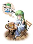  bare_shoulders breasts chamupei coffee contemporary cup detached_sleeves doughnut eating fat food fork frog green_hair hair_ornament highres imagining knife kochiya_sanae long_hair medium_breasts sitting snake solo table touhou truth very_long_hair weight_conscious 